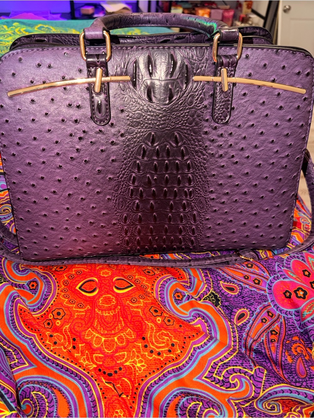 Dasein Purple Croc Ostrich Embossed Satchel Handbag